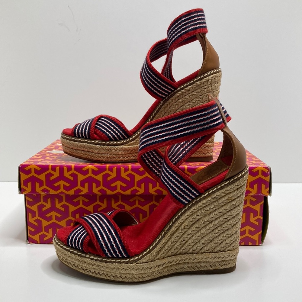 Tory Burch Adonis Espadrille Wedge, Red/Navy/White, Size 5.